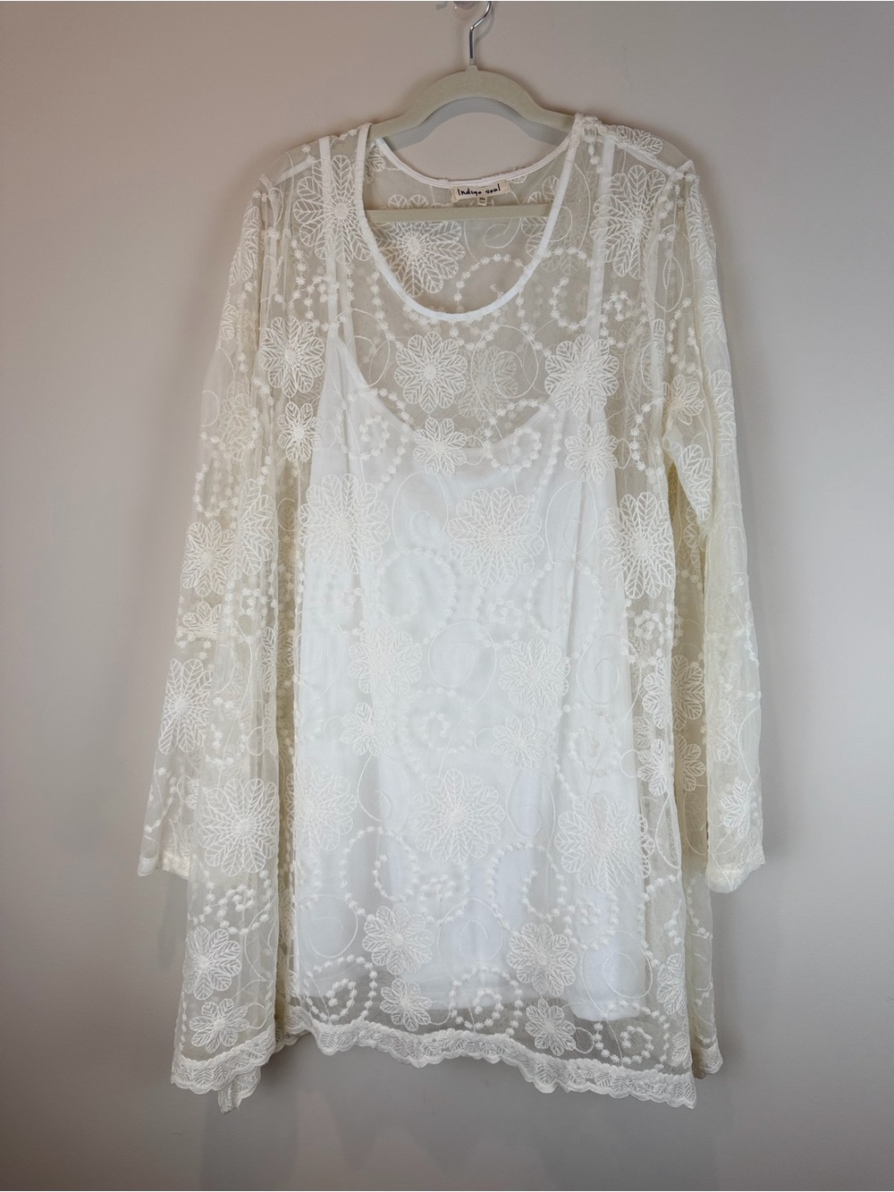indigo soul Cream Long Sleeve Lace Mini Dress with Slip Size 2X